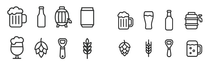 Fototapeta na wymiar Collection of modern beer icons featuring bottles, glasses, hops, and brewing equipment in vector style
