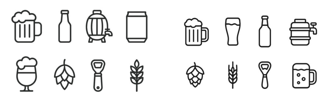 Collection of modern beer icons featuring bottles, glasses, hops, and brewing equipment in vector style