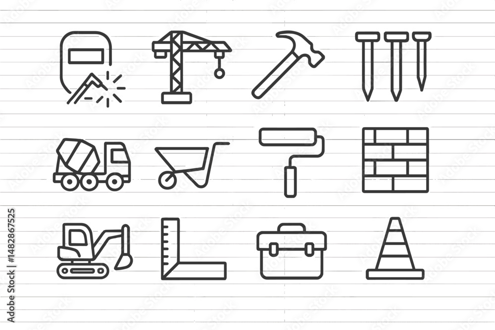 Aufkleber construction tools and machinery icons arranged in a neat grid on lined paper