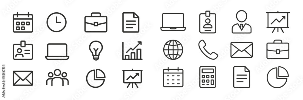 Poster icon collection depicting various business and work-related activities, tools, and concepts for prof