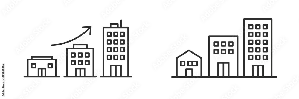 Poster Urban development showing growth of buildings from small to tall structures in a minimalist design