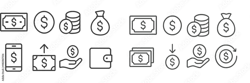 Aufkleber icon set illustrating various aspects of money management and transactions in a simple graphic style