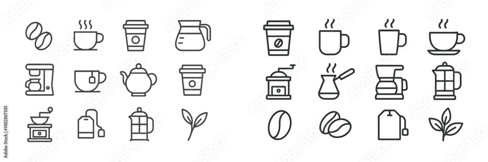 Poster diverse coffee and tea icons showcasing brewing methods and beverages in a minimalist style suitable