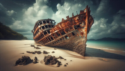 A mysterious, rusted shipwreck sits half-buried in the sand on a deserted tropical beach. The hull is weathered and covered in barnacles, telling a story of a forgotten past