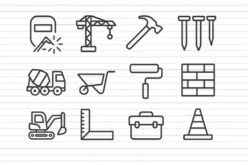 Fototapeta premium Construction tools and machinery icons arranged in a neat grid on lined paper