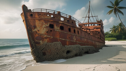 A mysterious, rusted shipwreck sits half-buried in the sand on a deserted tropical beach. The hull is weathered and covered in barnacles, telling a story of a forgotten past