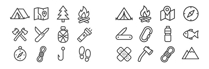 Outdoor adventure icons featuring camping, navigation, and exploration essentials displayed in a minimalist style