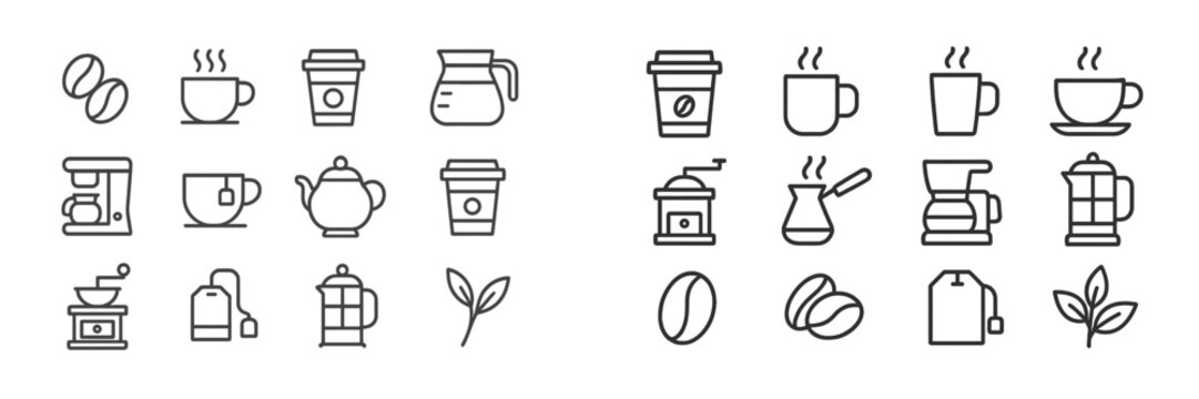 Diverse coffee and tea icons showcasing brewing methods and beverages in a minimalist style suitable for cafes and websites