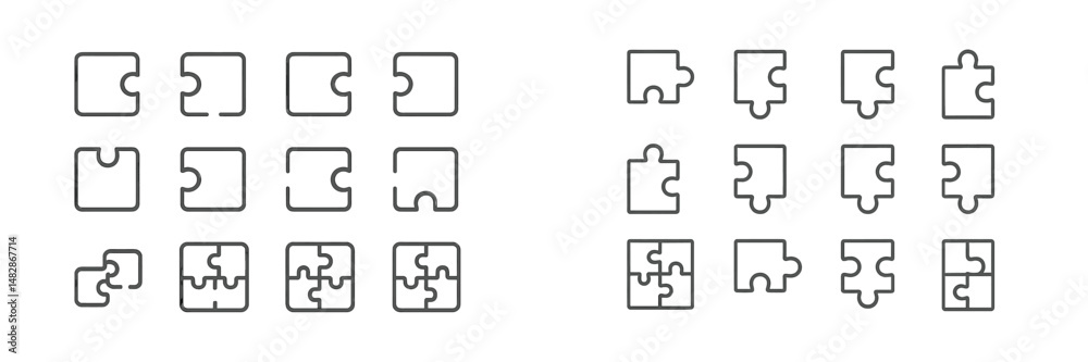 Poster various puzzle piece designs arranged in grids on a white background showcasing unique shapes and co