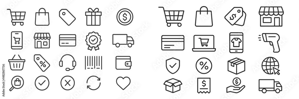 Poster collection of various shopping icons representing online and in-store retail activities for modern c