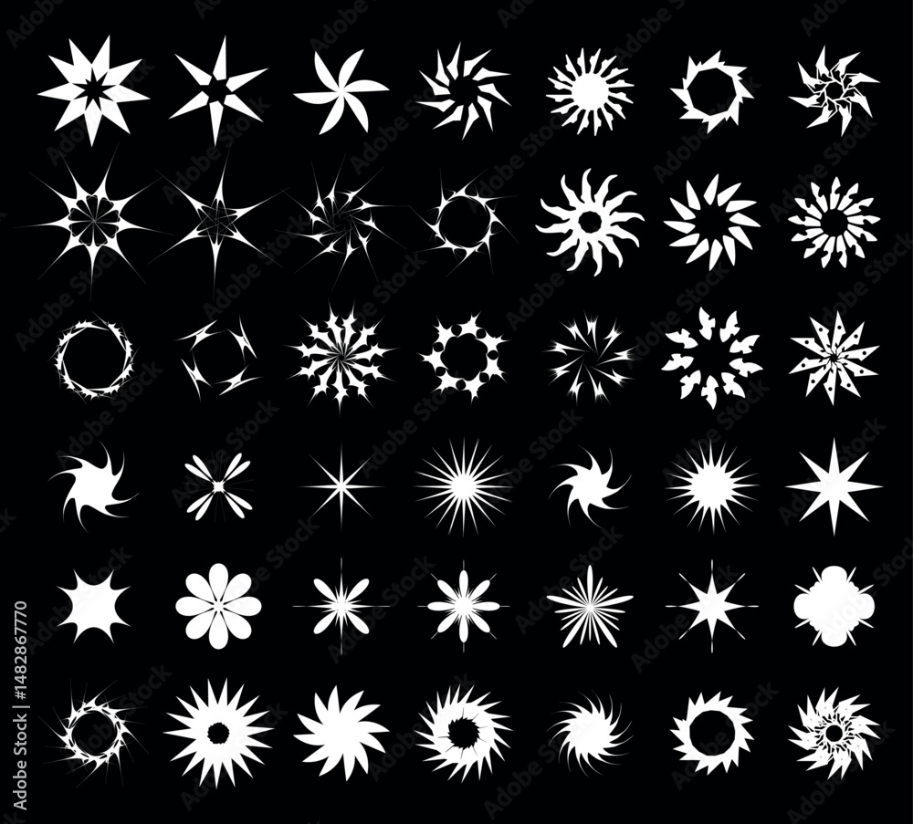 Aufkleber this collection features numerous star and flower shapes in white against a solid black background. 