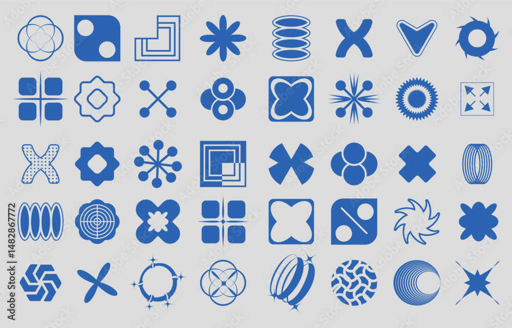 Poster bright blue geometric shapes are displayed in a grid format against a light gray background. each sh
