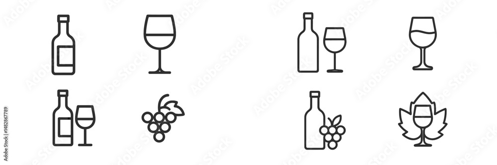 Poster colorful wine bottle and glass icons with grape bunches on a serene background symbolizing vineyard 
