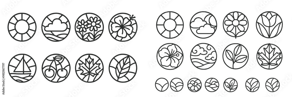 Poster artistic collection of hand-drawn floral and nature designs featuring various shapes and patterns