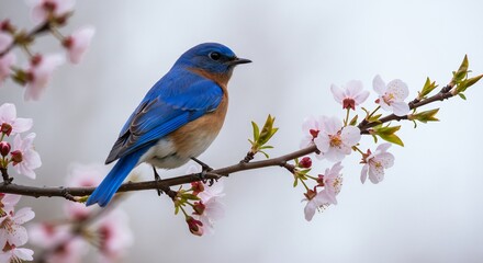 Fototapeta premium 春の柔らかな光浴びる青い鳥 桜の枝で静かに佇む. AI Generated