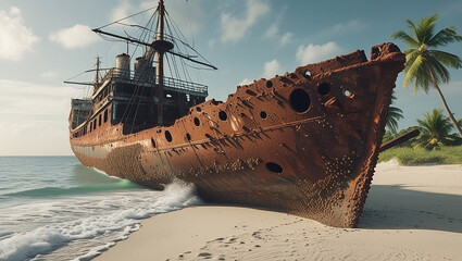 A mysterious, rusted shipwreck sits half-buried in the sand on a deserted tropical beach. The hull is weathered and covered in barnacles, telling a story of a forgotten past