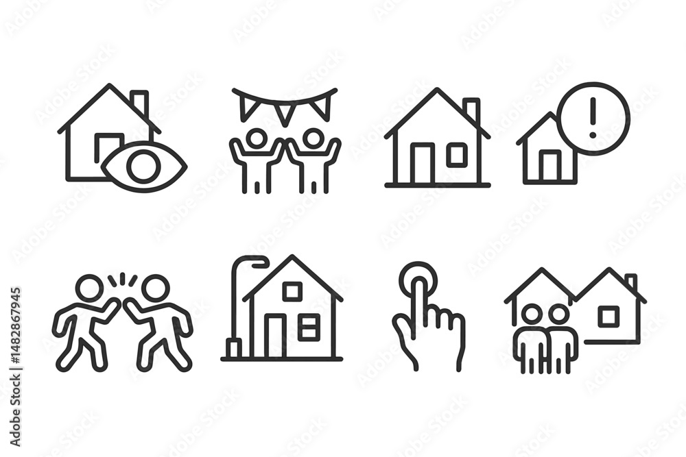 Aufkleber icons depicting various home-related activities and interactions in a minimalistic style for communi