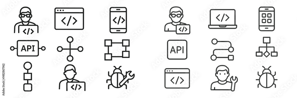 Fototapete Coding symbols and icons illustrating software development concepts and practices in a minimalistic design