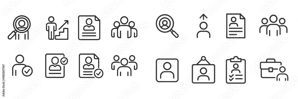Poster icons representing various aspects of job searching and recruitment processes in modern workplaces