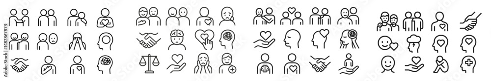 Aufkleber collection of diverse line icons illustrating various human emotions and social interactions in a mi