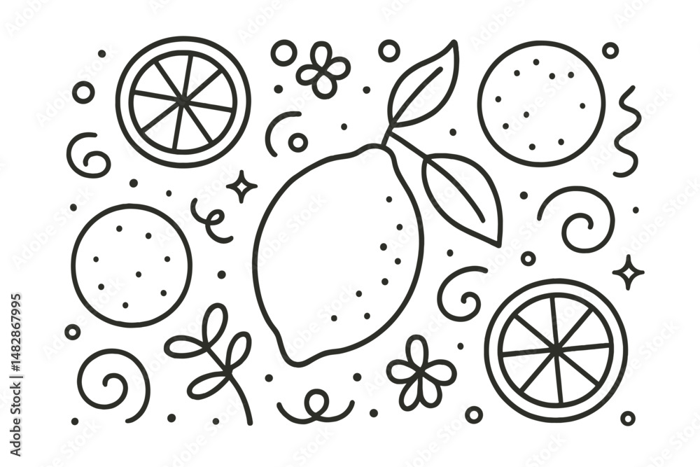 Aufkleber decorative illustration featuring lemons and citrus slices with simple floral designs in a playful a