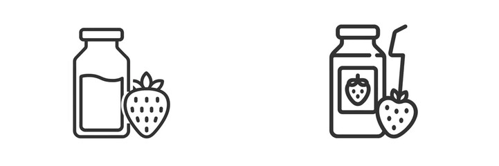 Strawberry juice and bottle with fresh strawberries displayed in a minimalistic style on a white background