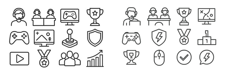 Graphics illustrating gaming-related icons including controllers, awards, and player interactions in a simple, clean design