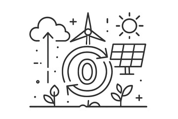 Illustration showcases elements of renewable energy, including a solar panel, wind turbine, clouds, and plants