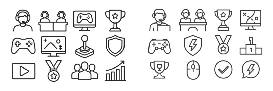 Graphics illustrating gaming-related icons including controllers, awards, and player interactions in a simple, clean design