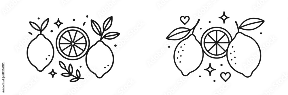 Poster fresh lemons and citrus slices illustrated in a simple design with decorative elements and leaves