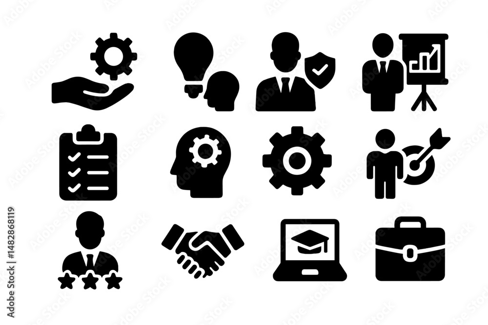 Poster visual representation of teamwork, planning, and collaboration in a business setting with various ic