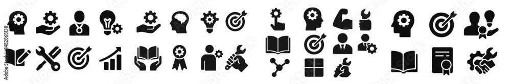 Poster Collection of black icons representing various concepts in business, education, and technology for presentations and design projects