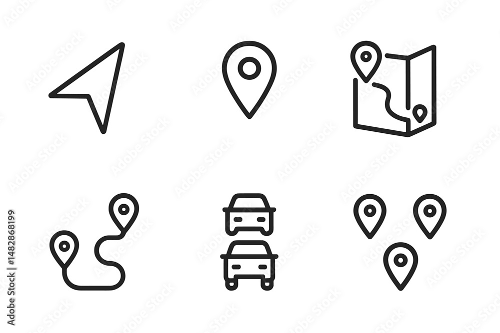 Leinwandbilder Navigation symbols and route planning icons on a clean white background for mobile or web applications