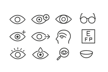 Obraz premium Various eye symbols representing vision, health, and optical care in a simple line art style
