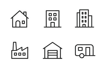Different types of buildings including houses, apartments, factories, garages, and trailers illustrated in a minimalistic style