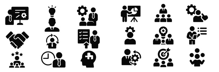 Business icons collection depicting teamwork, creativity, and strategy in a corporate environment at a modern office