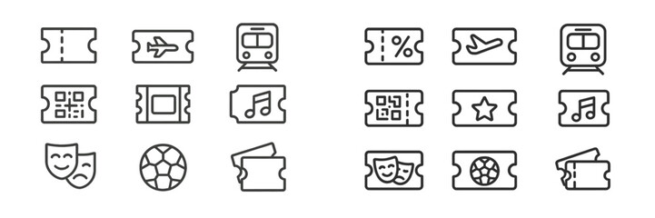 Icons representing various types of tickets and travel options in a simple line drawing style