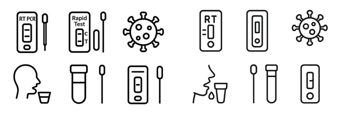 Obraz premium Various icons representing COVID-19 testing methods including rapid tests and PCR tests in a clean, minimalist style