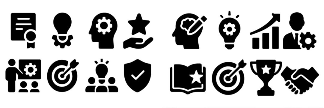 Collection of black icons representing creativity, motivation, business, and teamwork in a modern design