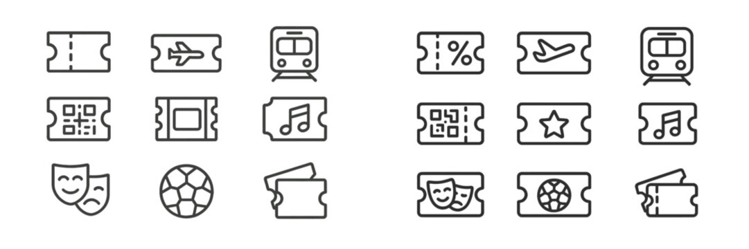 Icons representing various types of tickets and travel options in a simple line drawing style