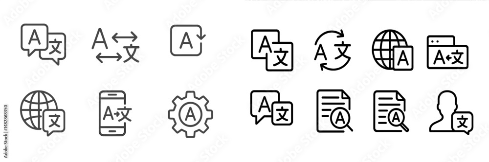 Poster various icons representing translation services and tools for multilingual communication across diff
