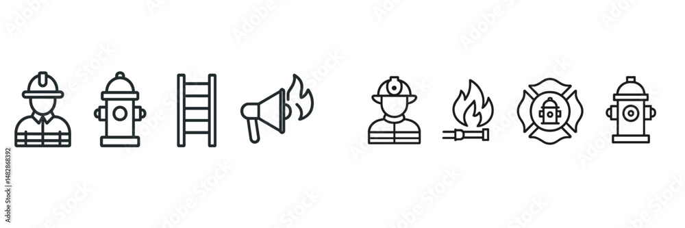Poster firefighter icons illustrating various aspects of firefighting duties and equipment in a simple grap