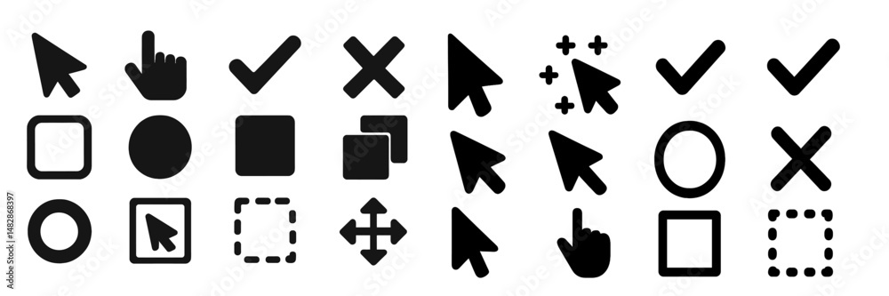 Poster collection of various cursor icons and symbols used for digital interfaces and user interaction desi