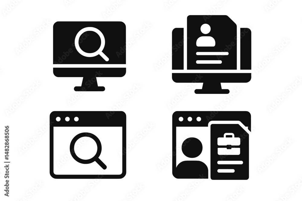 Poster search and resume icons on monitors representing job application processes in a digital workspace
