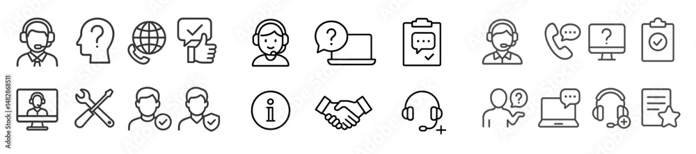 Aufkleber icons representing customer support activities and services in a modern, digital environment with va