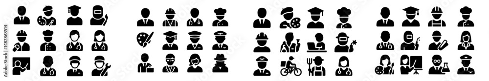 Poster diverse icons representing various professions in black silhouette style on a white background