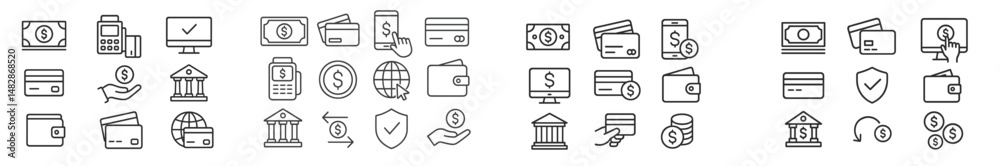 Poster financial symbols and icons representing transactions and banking activities displayed on a clean ba