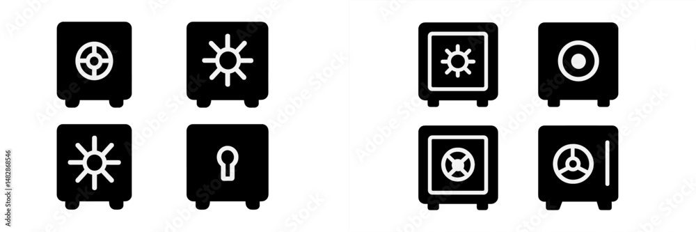 Poster collection of icon designs depicting various types of safes, showcasing unique locking mechanisms an
