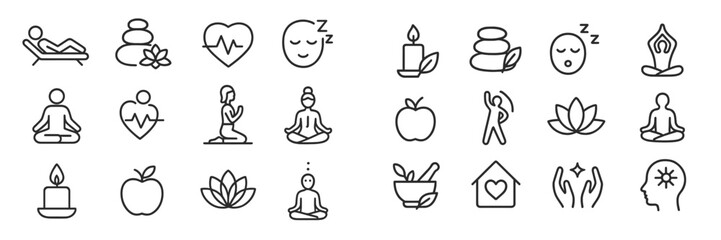 Wellness icons representing self-care, meditation, and healthy living concepts in minimalist design