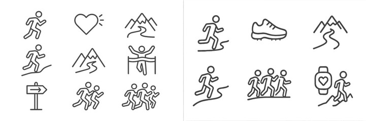 Inspirational running icons representing outdoor fitness, nature, and health activities in a minimalist design